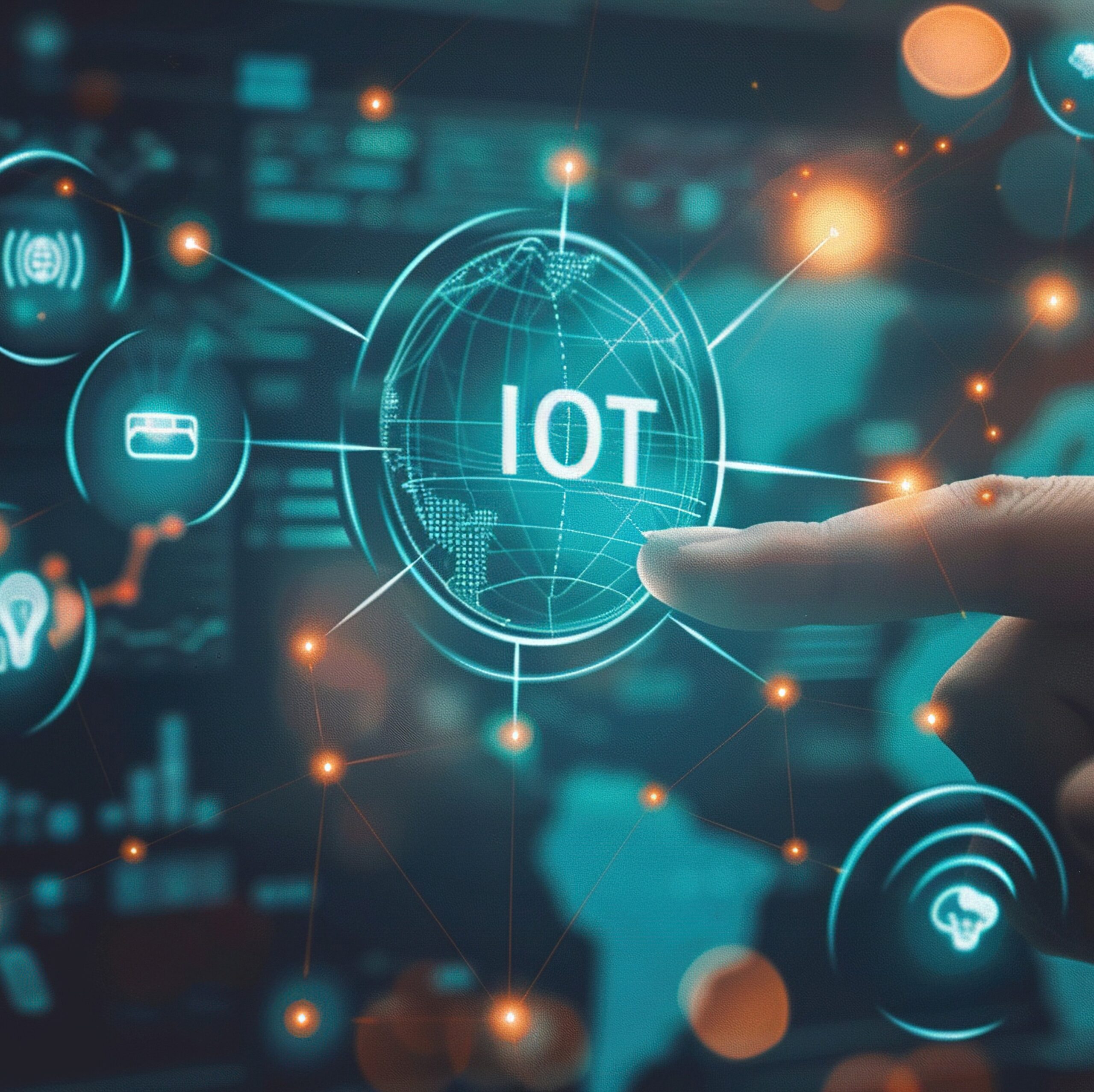 Carré Hand interacting with a digital interface centered around the term 'IoT' (Internet of Things), surrounded by icons representing connected devices like smartphones, cloud storage, and Wi-Fi. A world map in the background shows glowing points indicating global connectivity.
