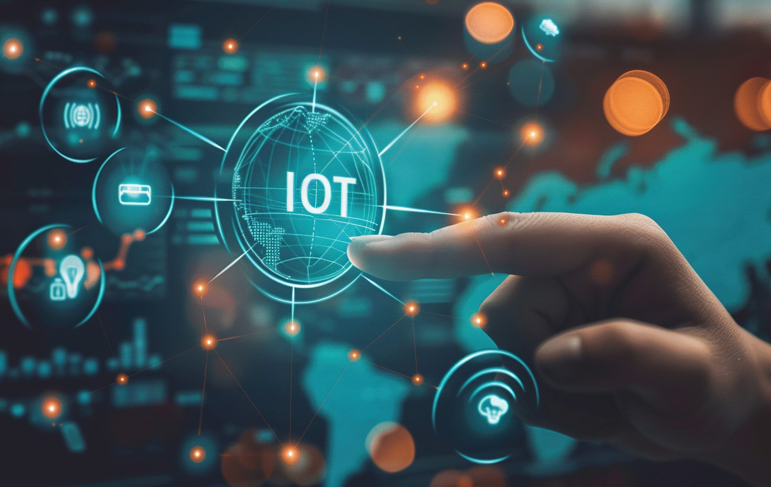 Hand interacting with a digital interface centered around the term 'IoT' (Internet of Things), surrounded by icons representing connected devices like smartphones, cloud storage, and Wi-Fi. A world map in the background shows glowing points indicating global connectivity.
