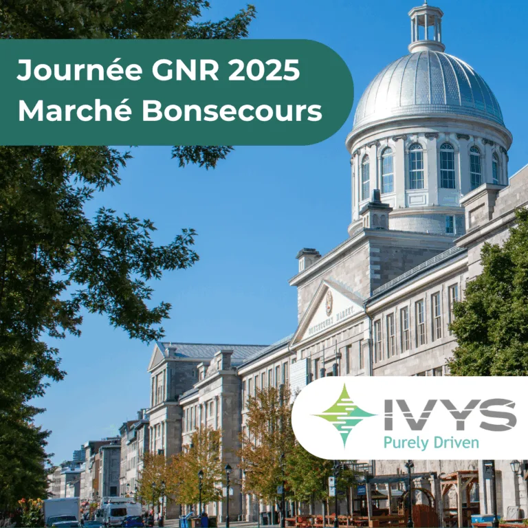 Français : « Visuel promotionnel pour la Journée GNR 2025 au Marché Bonsecours, avec une photo du bâtiment historique à dôme situé à Montréal. Logo IVYS et slogan “Purely Driven” en bas à droite. » Anglais : « Promotional graphic for GNR Day 2025 at Bonsecours Market, featuring a photo of the historic domed building in Montreal. IVYS logo and tagline “Purely Driven” in the bottom right corner. »