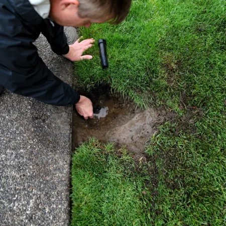 Technicien inspectant un système d’irrigation souterrain sur une pelouse résidentielle, en utilisant une lampe de poche pour détecter des fuites ou des dommages dans une zone boueuse. Entretien d’arrosage, réparation de conduites, maintenance de systèmes d’irrigation.