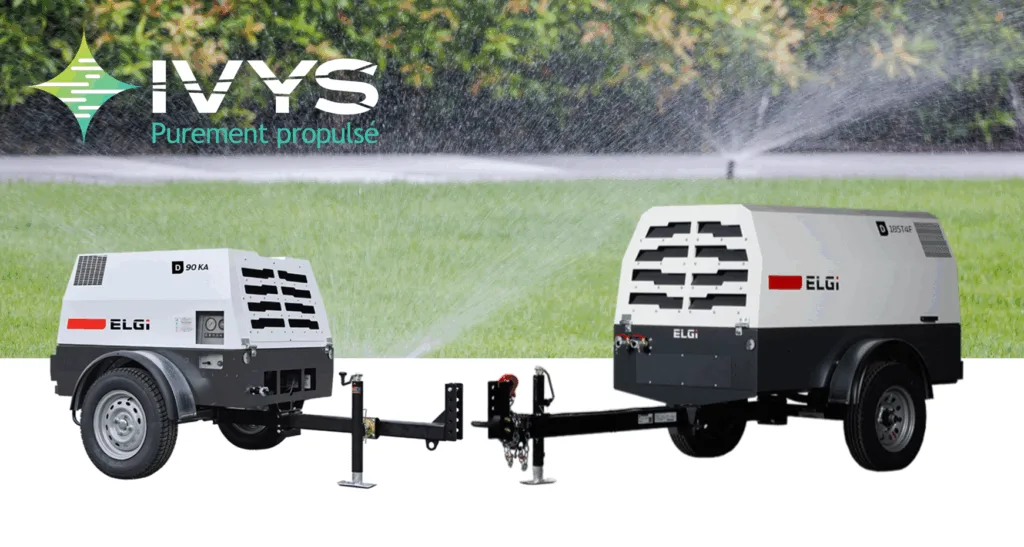 Capture d’écran 2025-09-09 132319 Compresseurs d’air portatifs ELGi avec marquage IVYS « Purement propulsé », positionnés sur une pelouse avec arroseurs en arrière-plan. Équipement mobile pour purge d’irrigation, hivernisation de systèmes extérieurs, compresseurs professionnels pour applications commerciales.