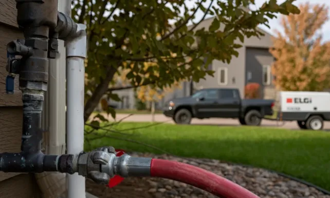 Borne d’eau extérieure avec tuyau rouge connecté, devant une maison résidentielle. En arrière-plan, une remorque ELGi avec compresseur d’air est remorquée par un camion. Scène d’entretien d’automne, purge d’irrigation, hivernisation de systèmes extérieurs.