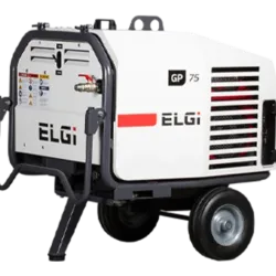 Compresseur d’air portatif ELGi GP75 avec roues et poignée, conçu pour les applications industrielles et commerciales. Équipement mobile