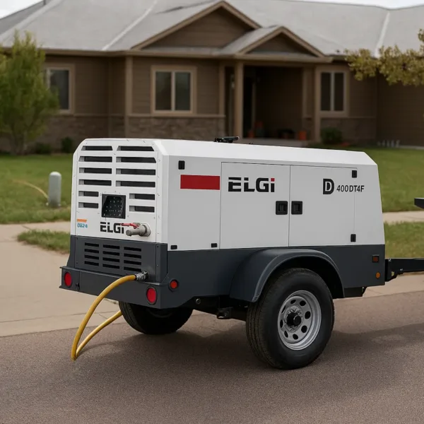 Compresseur d’air ELGi monté sur remorque utilisé pour des travaux d’entretien résidentiel, connecté à un tuyau devant une maison. Équipement mobile pour purge d’irrigation, hivernisation, compresseur professionnel pour systèmes extérieurs.